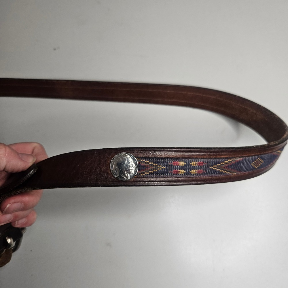 Trafalgar Mens Brown Leather‎ Belt Buffalo Nickel Southwestern Woven Inlay 42